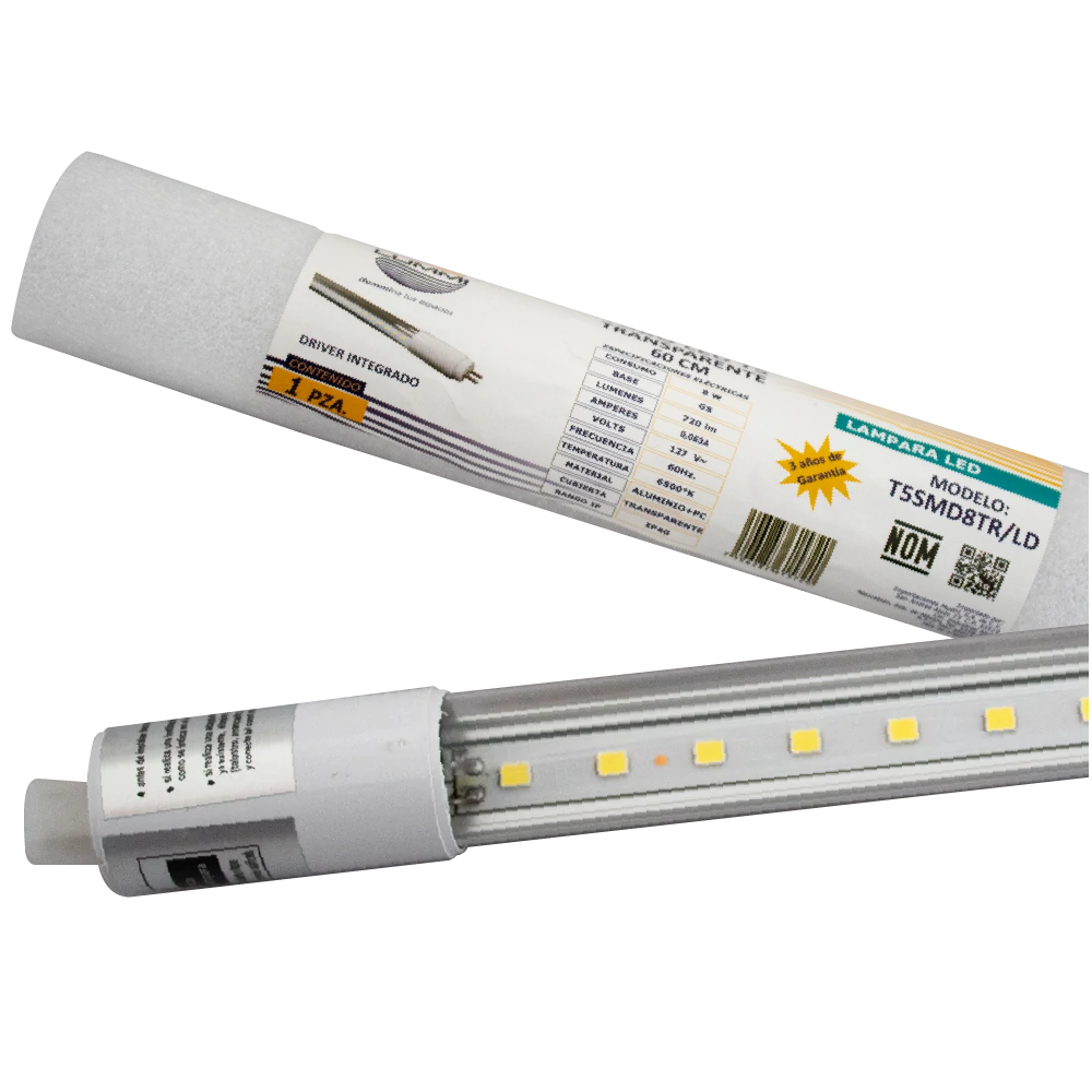 Lámpara lineal LED T5 de acrílico transparente y aluminio de 8W