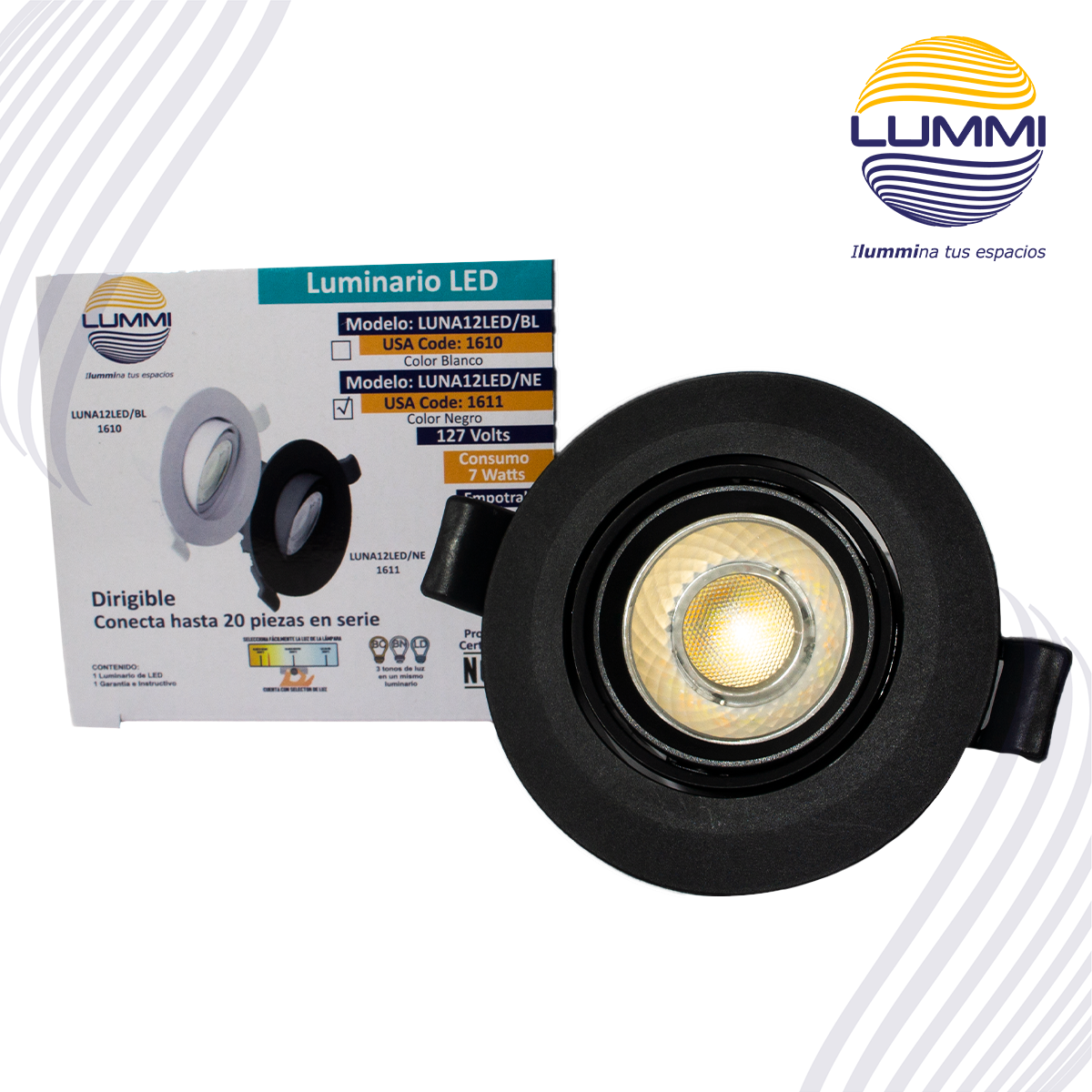 Luminaria LED dirigible de empotrar redonda de 7W  - Negro (1611)