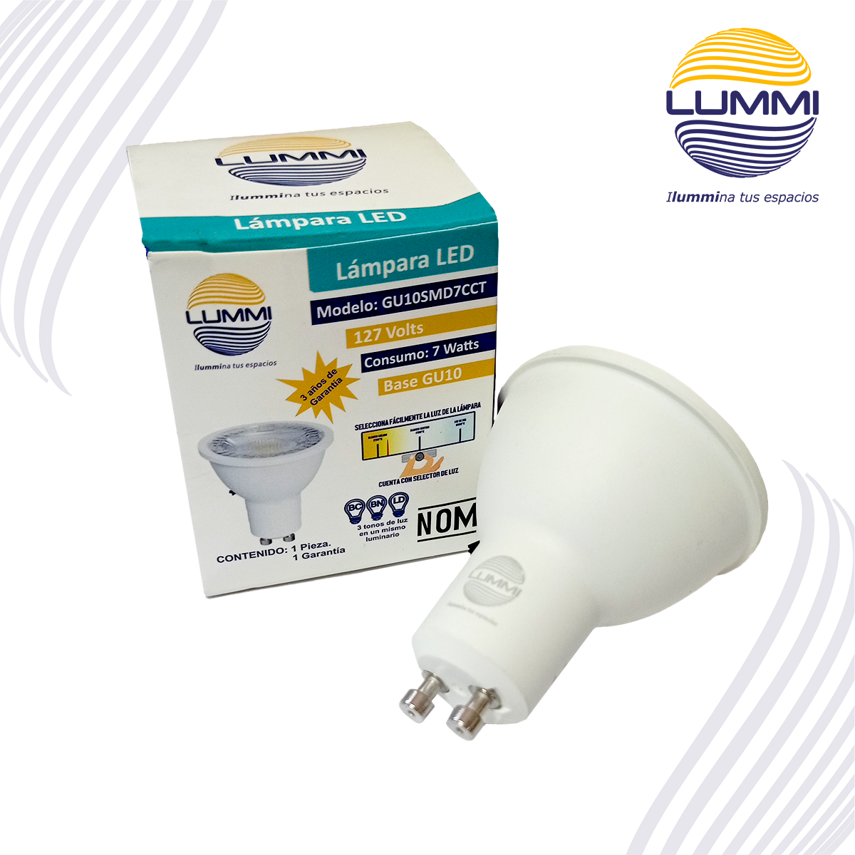 Lámpara LED MR16 GU10 de 7W 3 TONOS DE LUZ con selector integrado (GU10SMD7CCT)
