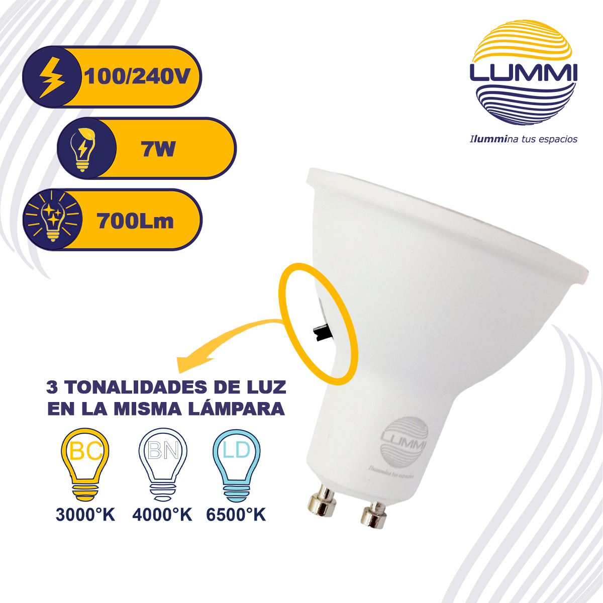 Lámpara LED MR16 GU10 de 7W 3 TONOS DE LUZ con selector integrado (GU10SMD7CCT)