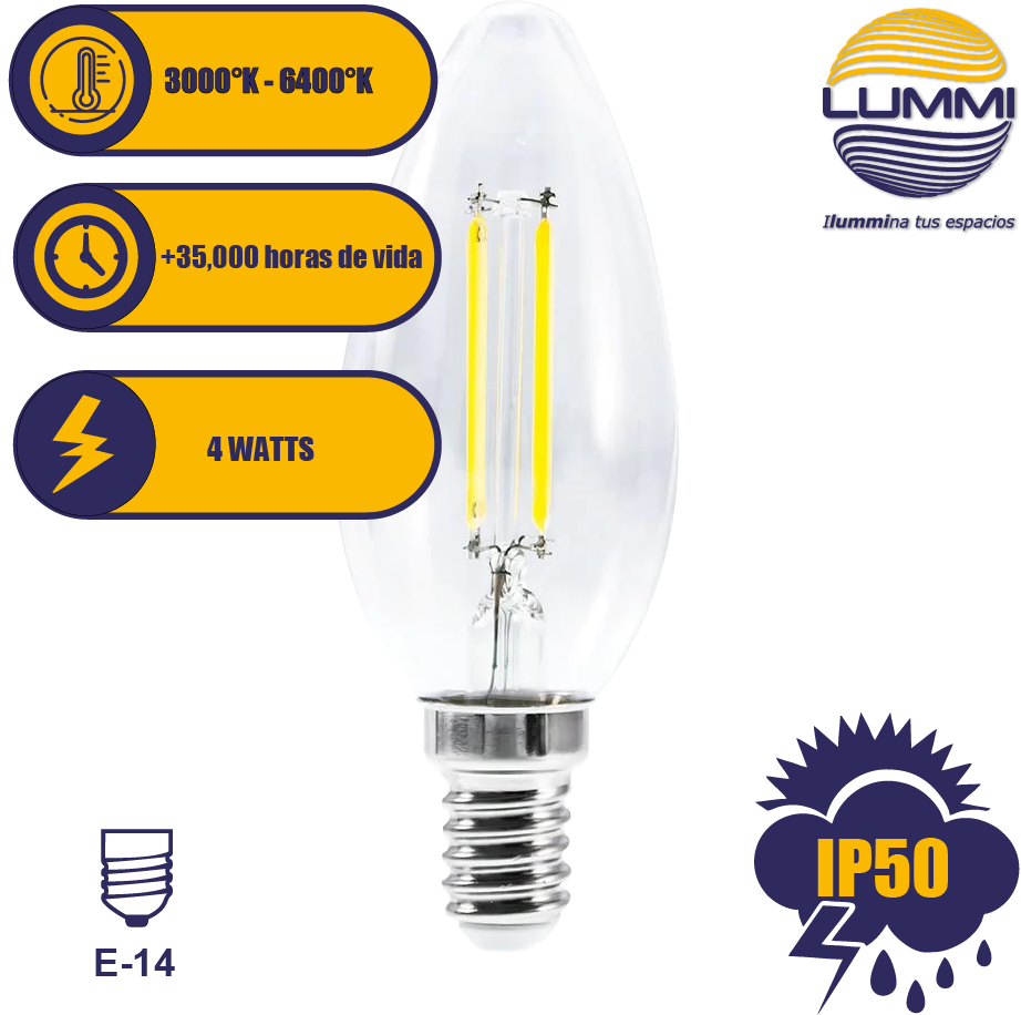 Foco tipo vela filamento LED (VEFILED4E14/LD)