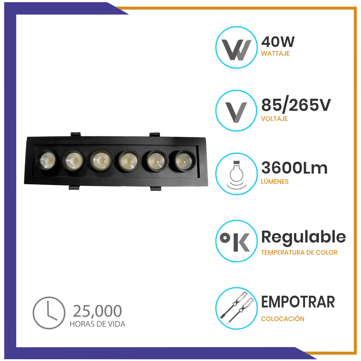 Luminaria LED empotrable con distribución telescópica de 40W (1436)