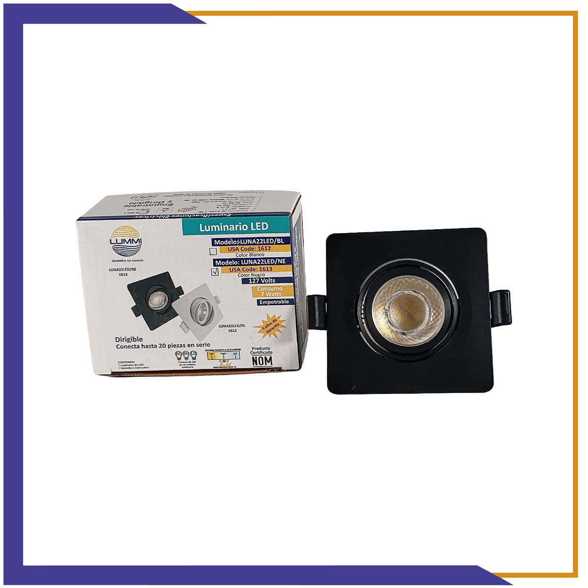 Luminaria LED dirigible de empotrar cuadrada de 7W - Negro (1613)