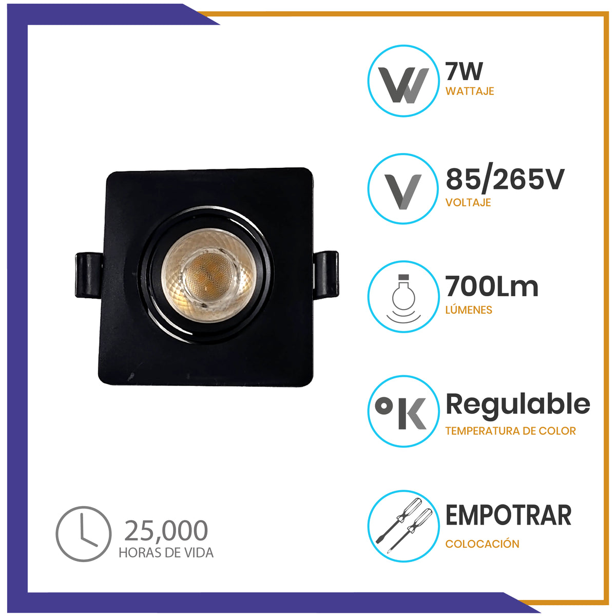 Luminaria LED dirigible de empotrar cuadrada de 7W - Negro (1613)