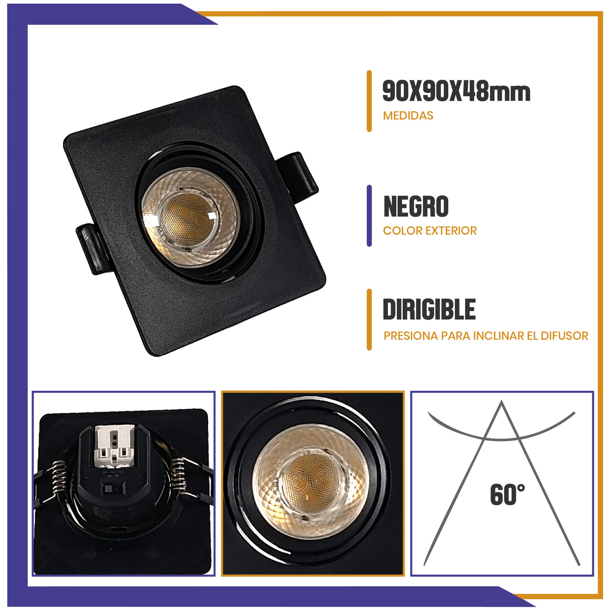 Luminaria LED dirigible de empotrar cuadrada de 7W - Negro (1613)