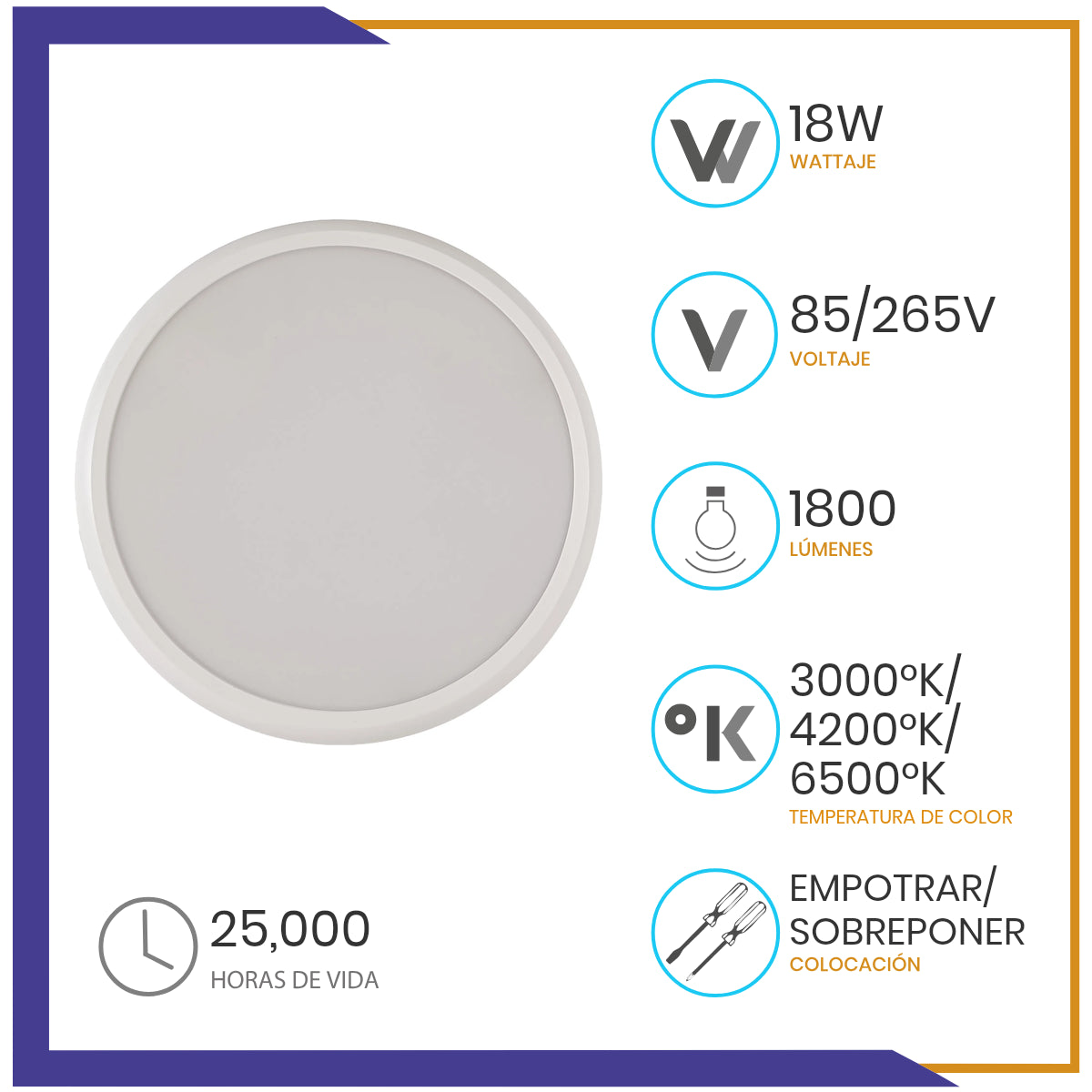 Luminaria LED de empotrar o sobreponer 18W BLANCO (EMSMD18/BL)