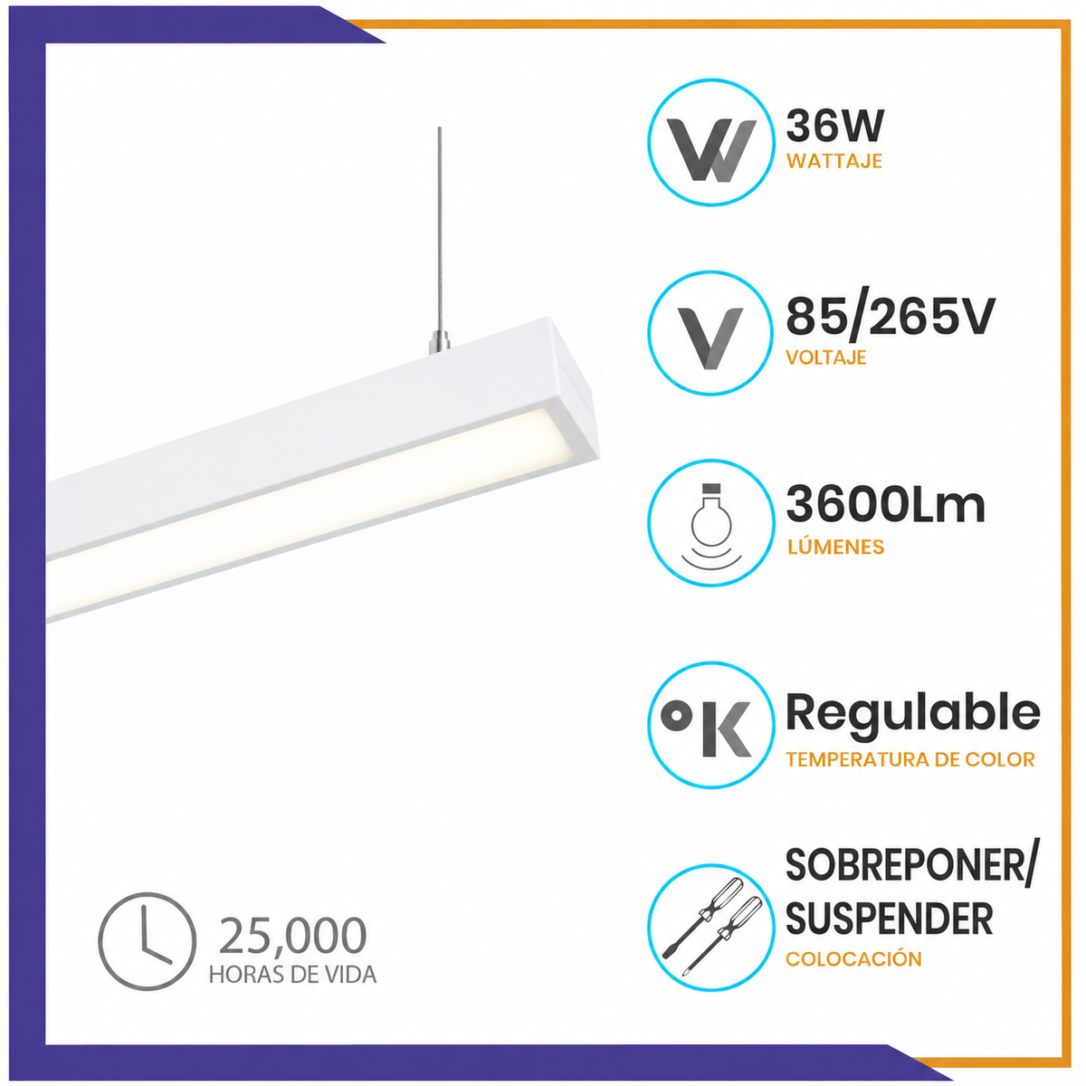 Luminaria LED de sobreponer o colgar blanca de 36W (LL36CCT/BL)