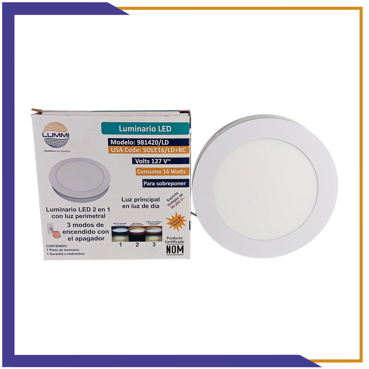 Luminaria circular LED 2 en 1, de sobreponer de 16W (SOLE16/LD+BC)