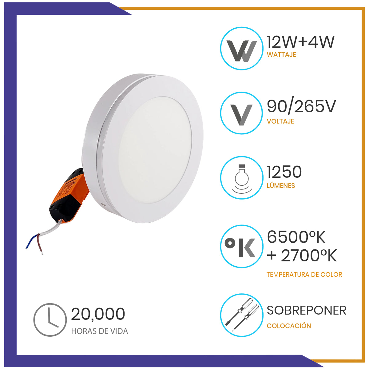 Luminaria circular LED 2 en 1, de sobreponer de 16W (SOLE16/LD+BC)