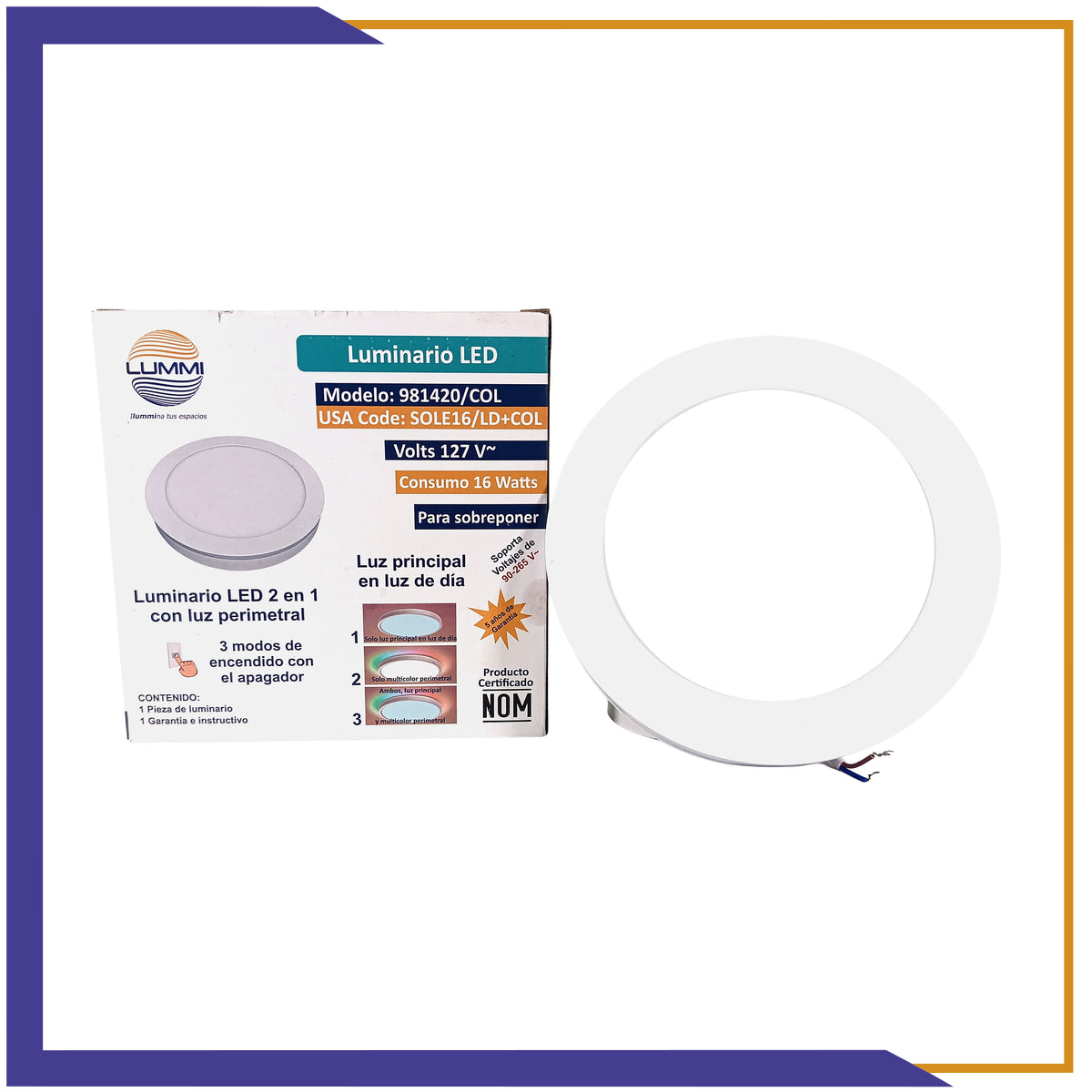 Luminaria circular LED 2 en 1, de sobreponer de 16W (SOLE16/LD+COL)