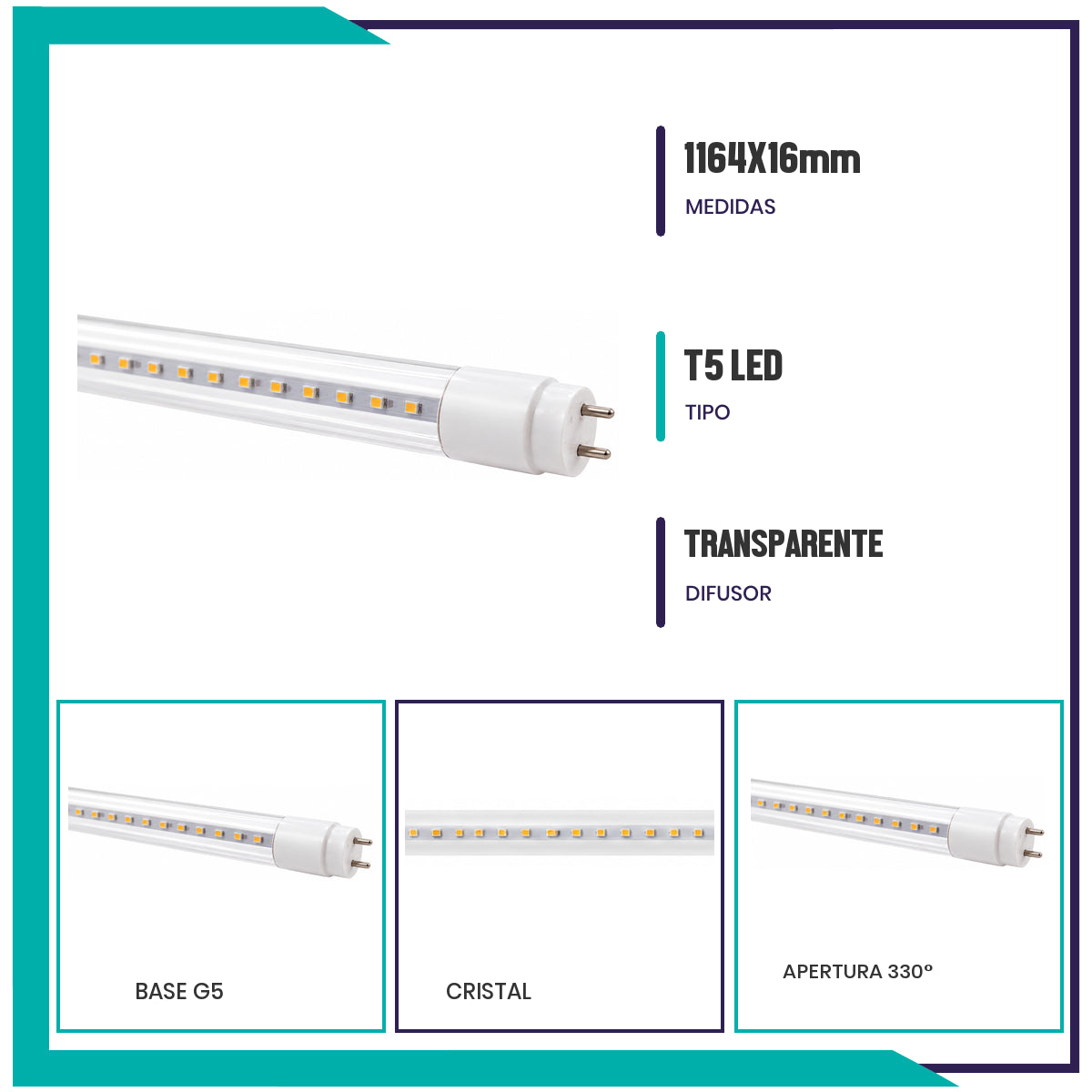TUBO LED T5 acrílico Paq 5pzs (T5SMD14/LD)