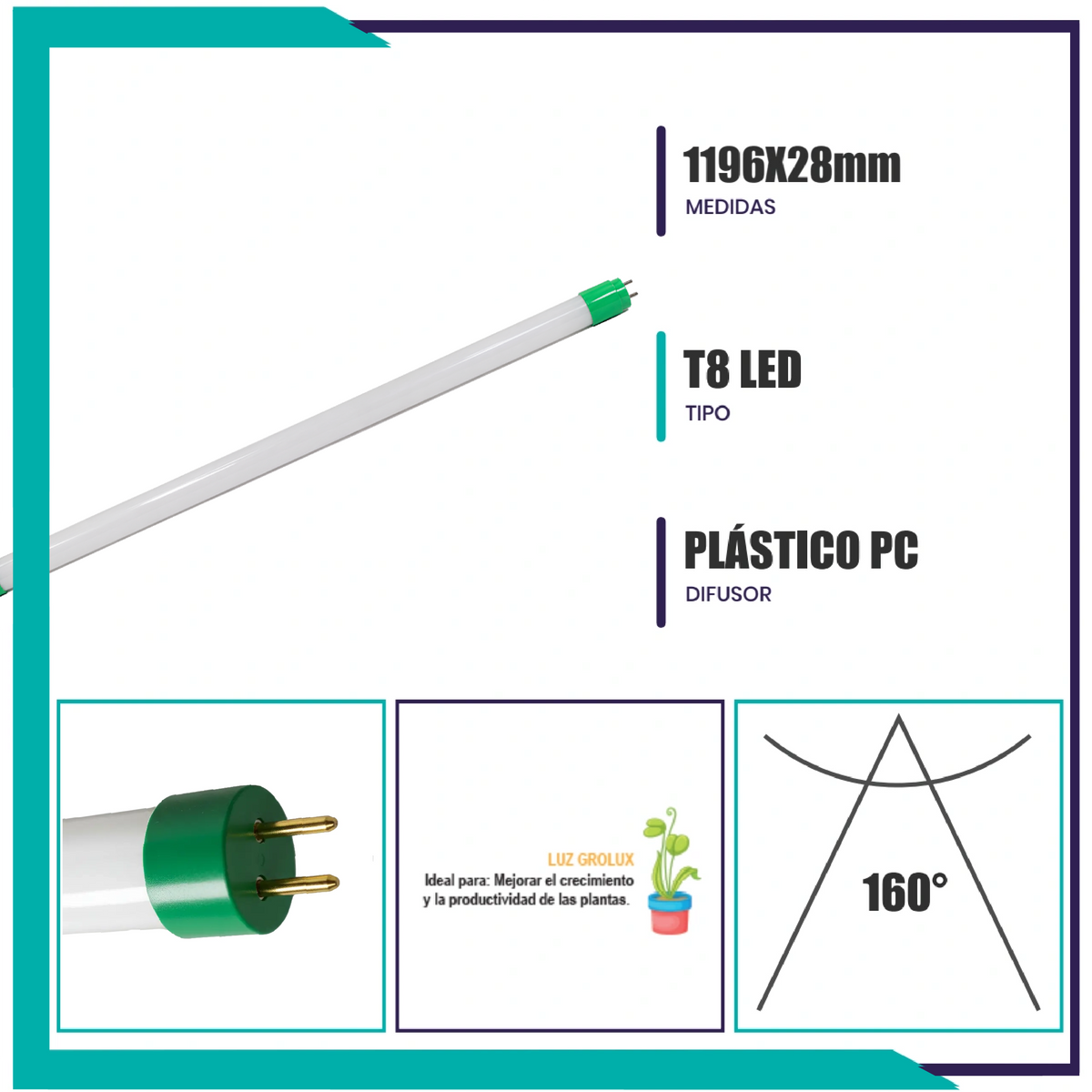 Lámpara lineal LED T8 Grolux de 24W PAQUETE 5PZAS (T8LED24/GR)