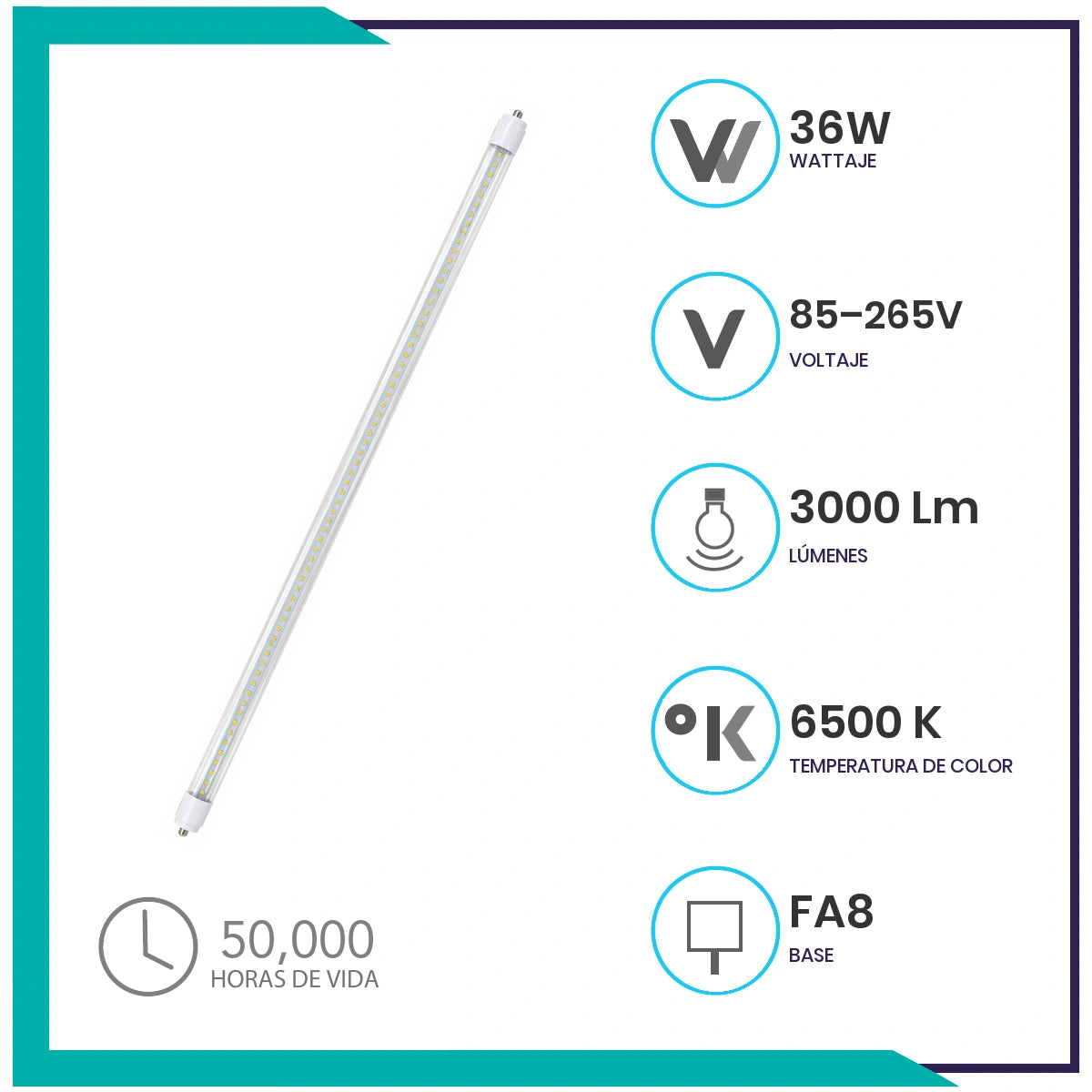 Lámpara tubo T8 LED 36W Slim, Paq 5pzs (T8SMD240CFA8/LD)