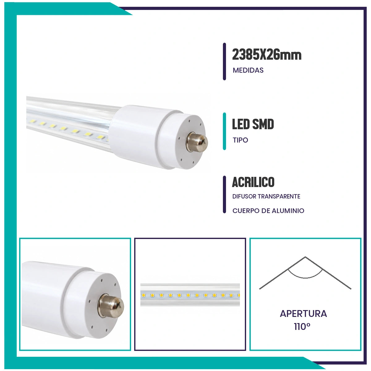 Lámpara tubo T8 LED 36W Slim, Paq 5pzs (T8SMD240CFA8/LD)
