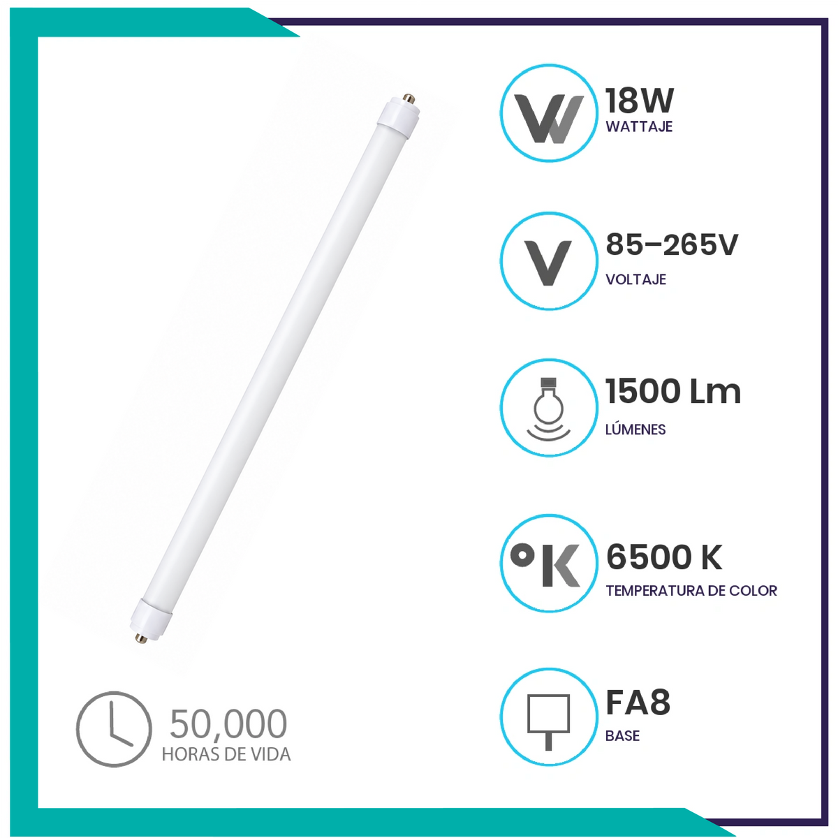 TUBO LED 18W acrílico opalino, Paq 5pzs  (T8SMDCFA8OP/LD)