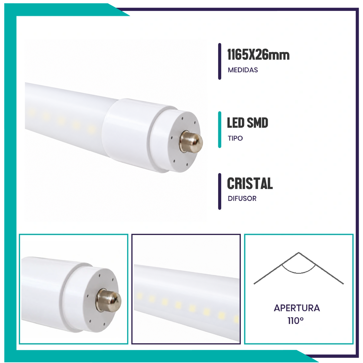 TUBO LED 18W acrílico opalino, Paq 5pzs  (T8SMDCFA8OP/LD)