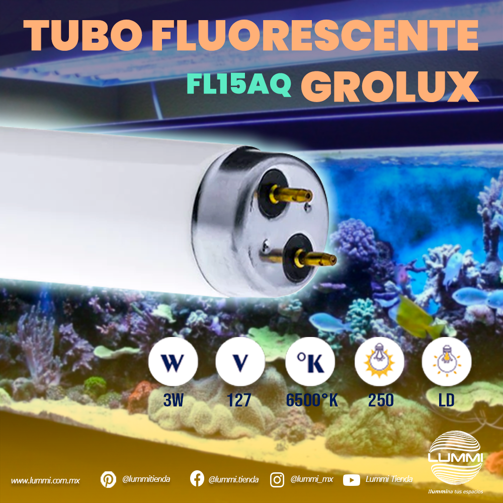 Tubo fluorescente Grolux T8 p/Acuario Paq 5pzs (FL15AQ)