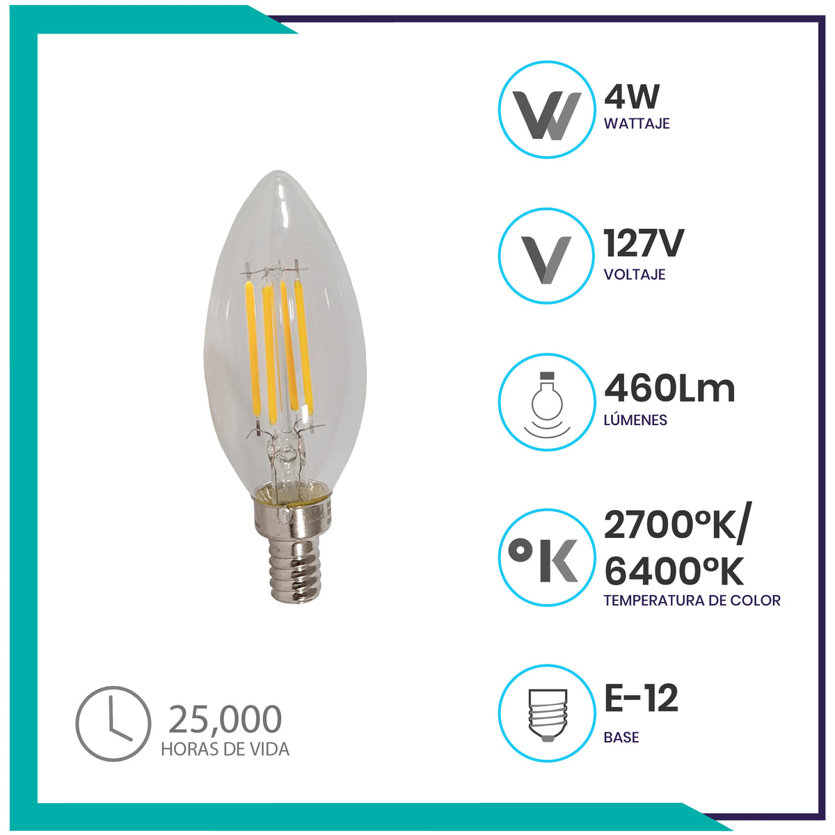 Foco tipo vela filamento LED (VEFILED4E12/LD)