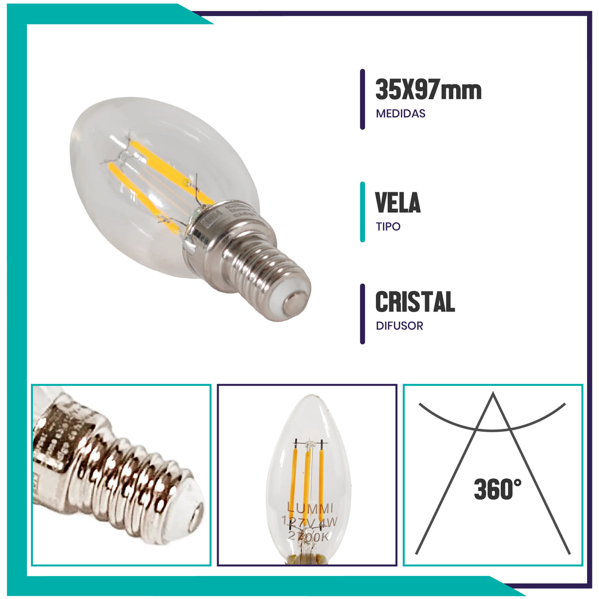Foco tipo vela filamento LED (VEFILED4E12/LD)