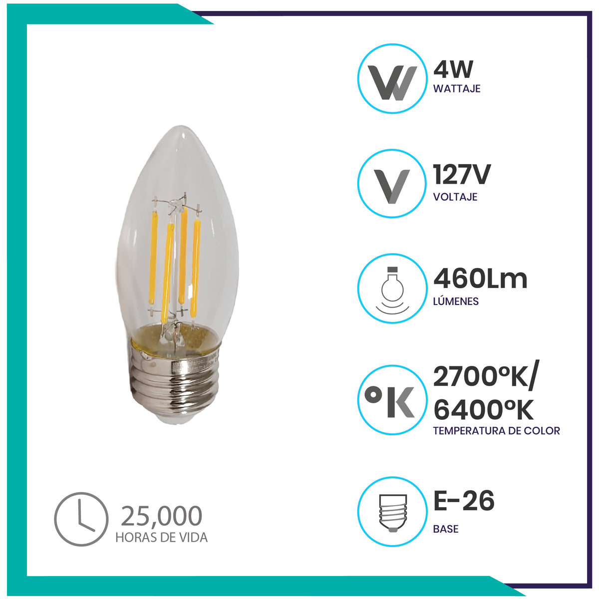 Foco tipo vela LED (VEFILED4E26/BC)