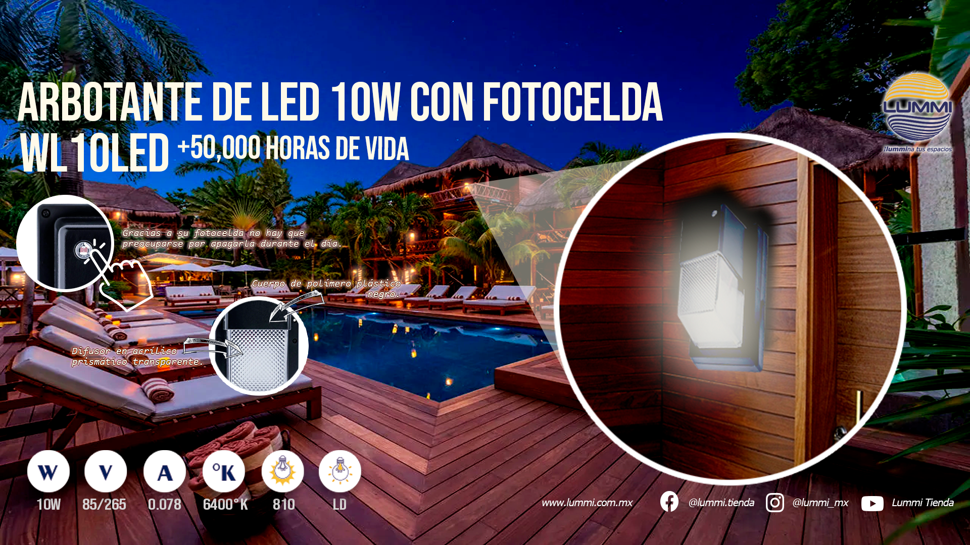 Arbotante de LED  10W con fotocelda (WL10LED)