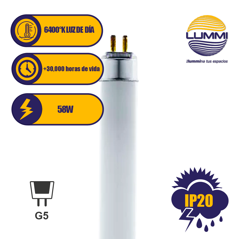 TUBO FLUORESCENTE 58W T8 LUZ DIA. Paq 5pzs (FL58DT8)