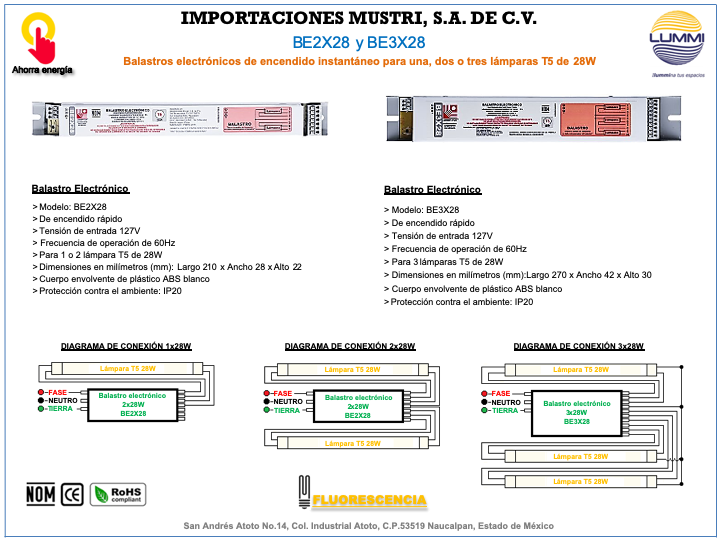 Balastro electrónico 1 o 2 lamparas T5 de 28W (BE2X28)