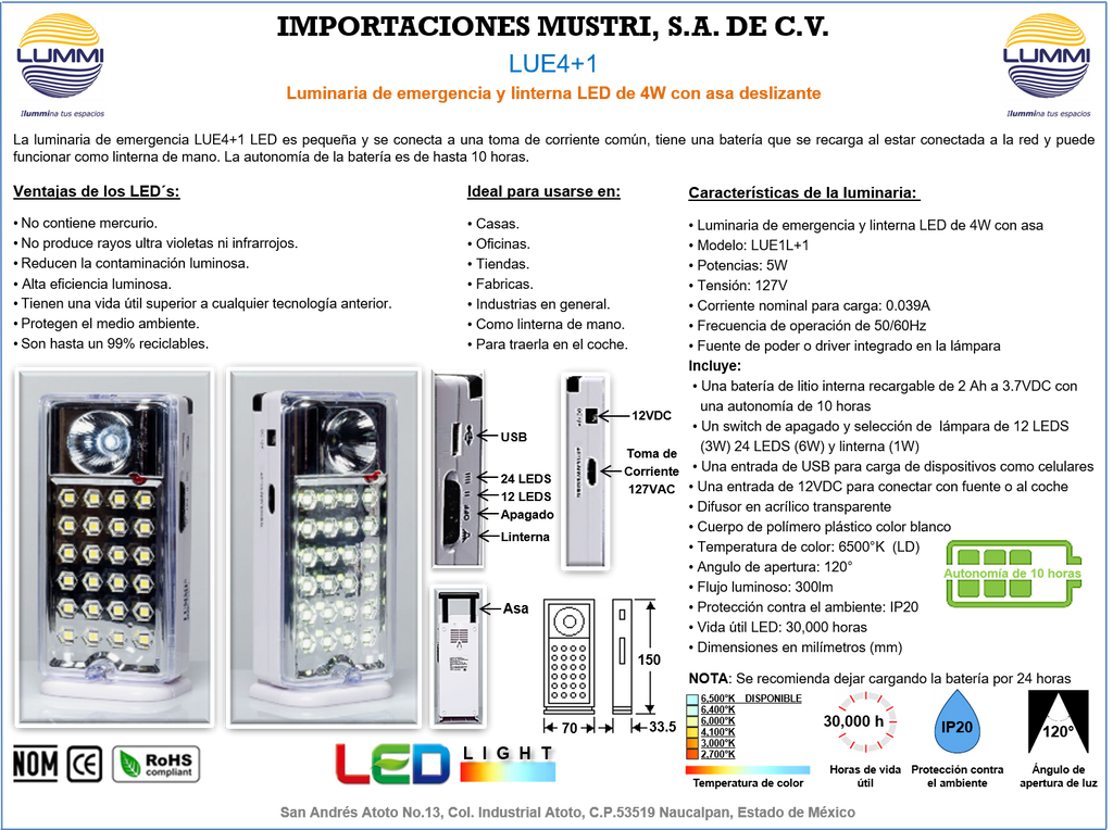 Luminaria de emergencia y linterna LED con fotocelda de 2W (LUE1L)