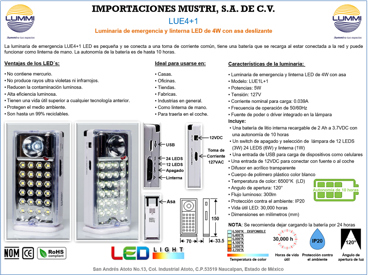 Luminaria de emergencia y linterna LED con fotocelda de 2W (LUE1L)