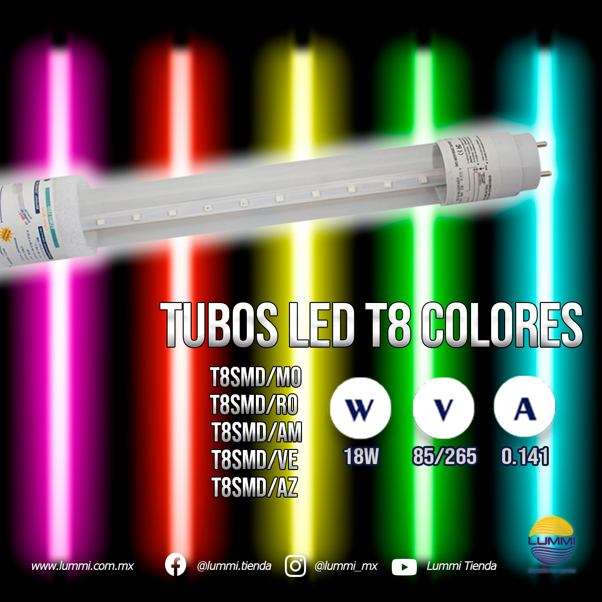 Tubos LED 18W T8 Colores Paq 5 pzs (T8SMD)